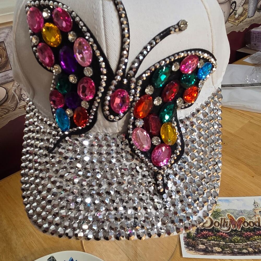 White Rhinestone Butterfly Baseball Cap Jeweled Bling Adjustable Women's Hat